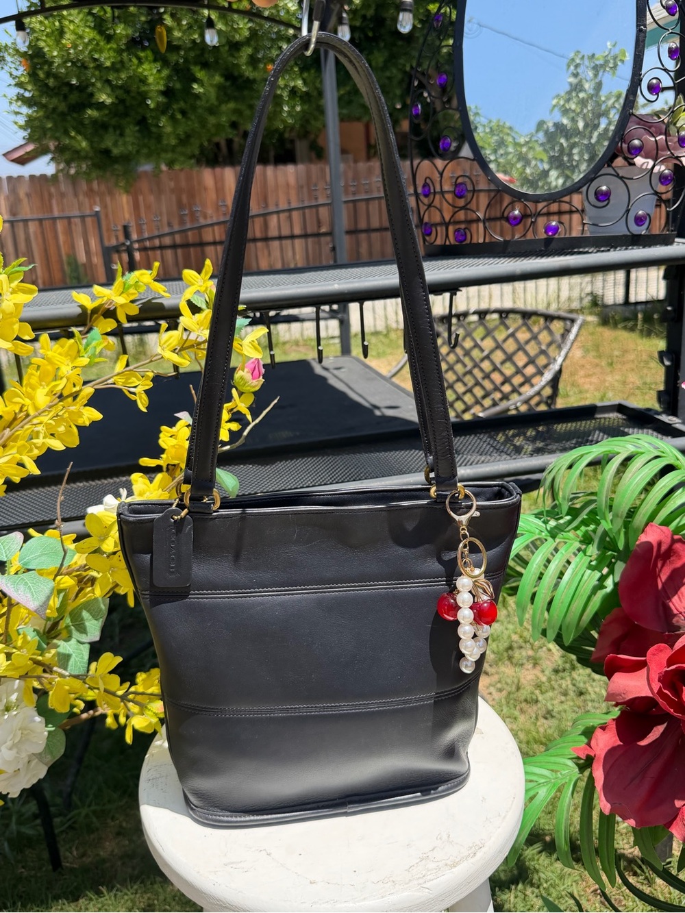 Coach  Black Leather Tote Bag with Bead Charm - Picture 7 of 10